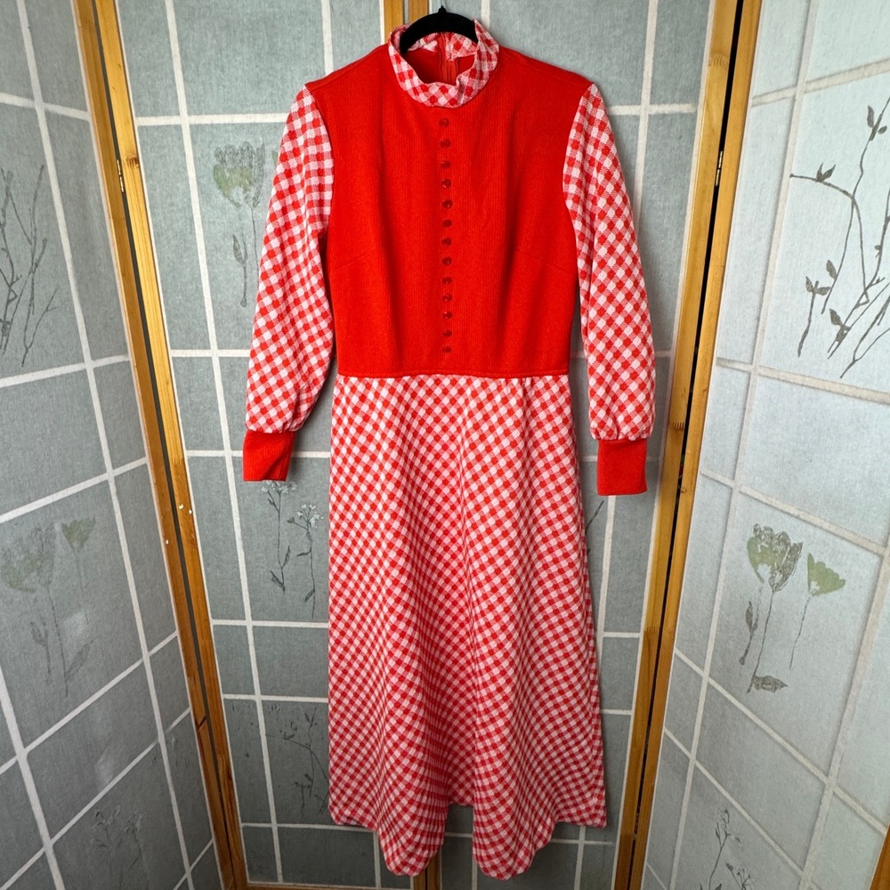 Vintage 70s Red Gingham Maxi Dress Ribbed Knit Mock Neck Prairie Cottagecore